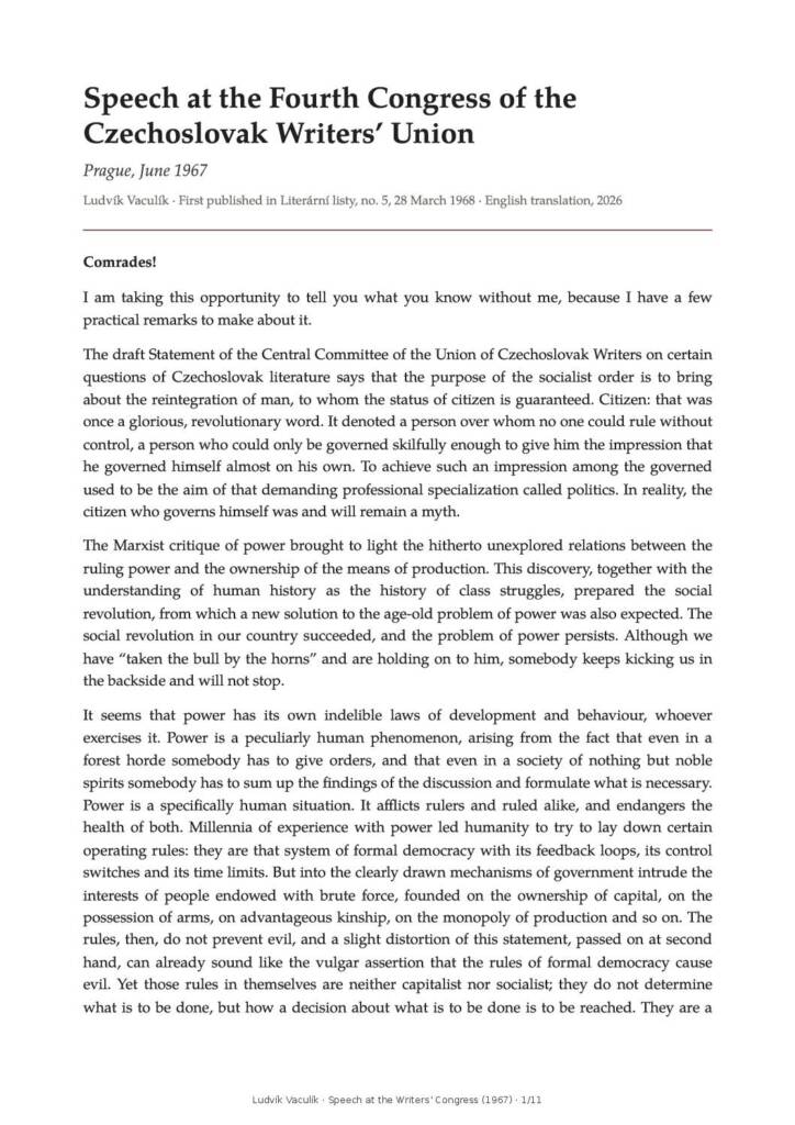 Speech at the Fourth Congress of the Czechoslovak Writers’ Union, first page